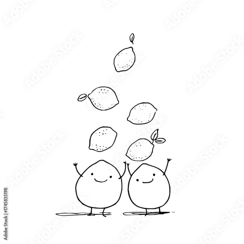 Cute lemon illustration with happy characters and falling lemons for graphic design and fun art projects