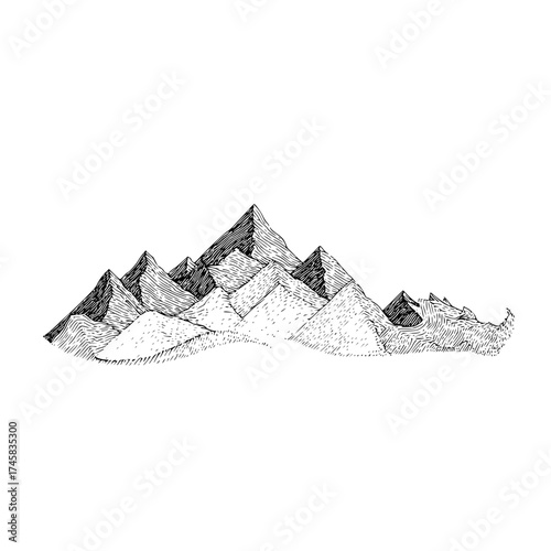 Black and white mountain range drawing landscape peak nature scenic alps sketch illustration art design