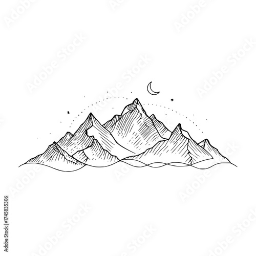 Mountain range vector illustration with moon and stars landscape peak nature scene scenic background art 100