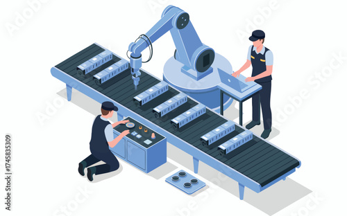 Modern robotic assembly line featuring workers and automated production technology isolated on white background
