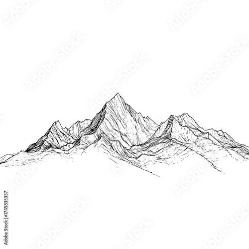 Mountain range illustration peaks landscape sketch drawing black and white scenic view nature outdoors art 100