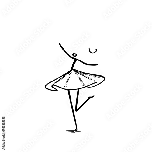 Ballerina dance drawing simple line art illustration of a dancing girl in a dress minimalist sketch design