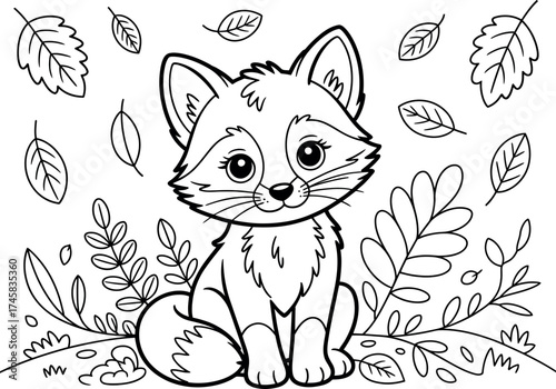 Cute fox coloring page isolated on white background with falling leaves