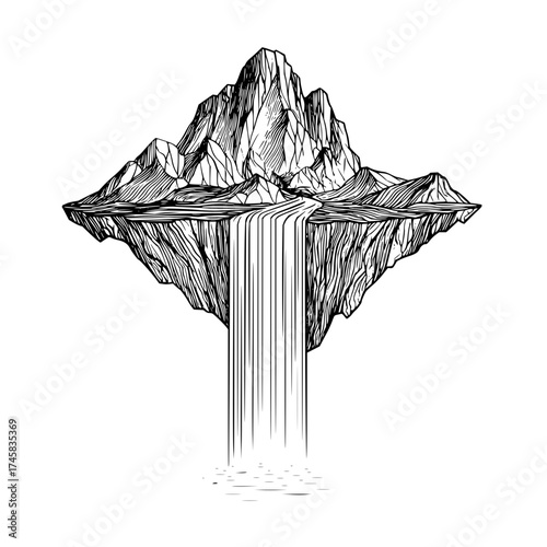 Floating island mountain waterfall landscape drawing design vector illustration graphic art nature scene isloated