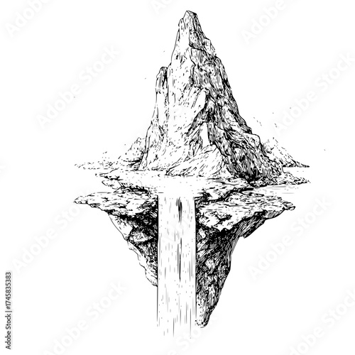 Black and white mountain peak landscape with waterfall drawing vector illustration for adventure seekers
