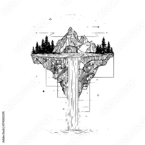 Floating island landscape drawing with waterfall mountain and trees black and white illustration nature art