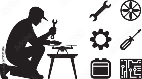 Drone technician silhouette fixing drone with tools set in transparent background