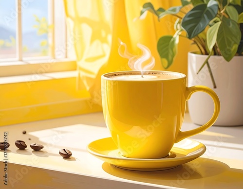 Sunny yellow coffee mug on a windowsill