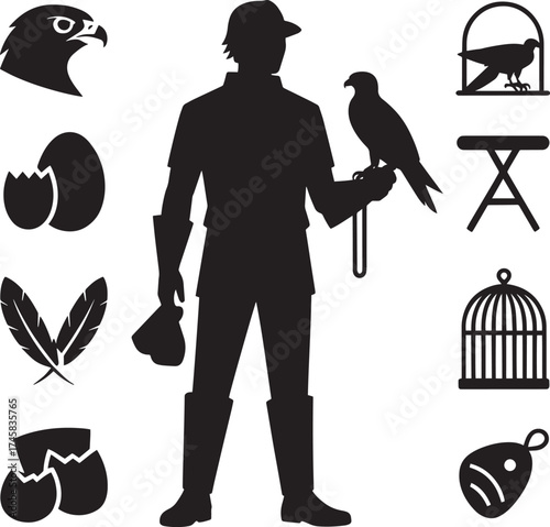 Falconer silhouettes icon set, falconry equipment, hunting birds, egg and feather, bird cage