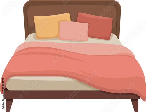 Comfortable bed with pillows and blanket isolated on white background