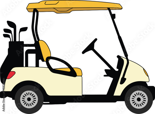 Golf cart with clubs isolated on transparent background side view, vector illustration