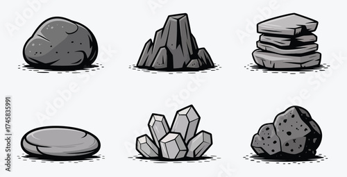 Cartoon rock and crystal stones vector set on white background