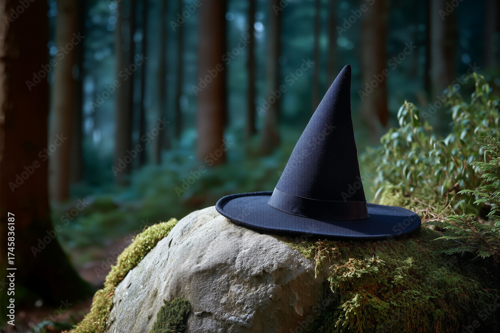 Fototapeta premium Witch hat resting on mossy rock in forest
