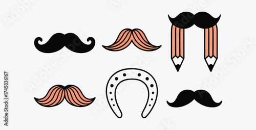 Collection of different moustache designs and horseshoe on white background