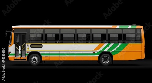 Fototapeta Naklejka Na Ścianę i Meble -  Indian city bus side view orange green white urban public transport long profile (Industry)