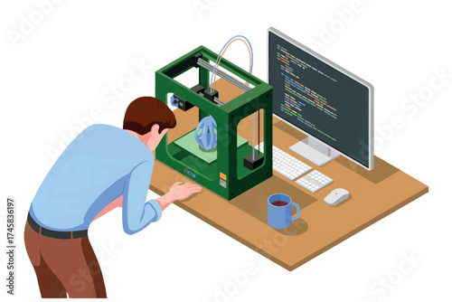 Man working with 3d printer and computer concept for innovation and manufacturing technology isolated on white background