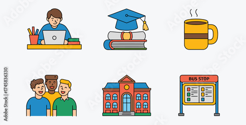 College and university life illustrated with studying friends and graduation concept