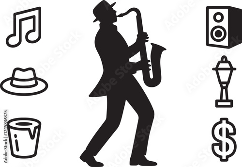 Musician playing saxophone silhouette set, street performer icons