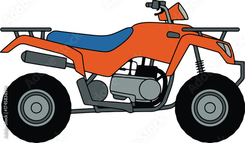 Orange ATV quad bike with blue seat and black outline vector illustration