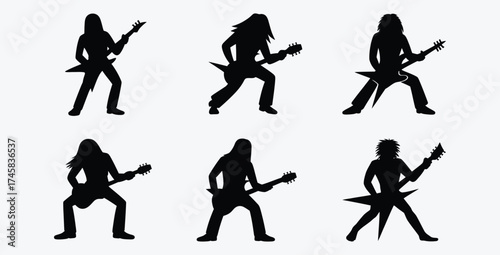 Guitarist silhouettes vector collection rock and roll music performance icons