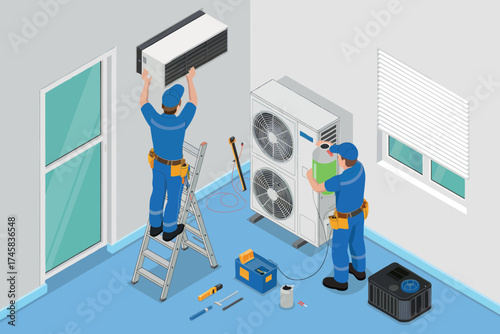 Professional air conditioning installation and repair services by skilled technicians in modern room setting isolated on white background
