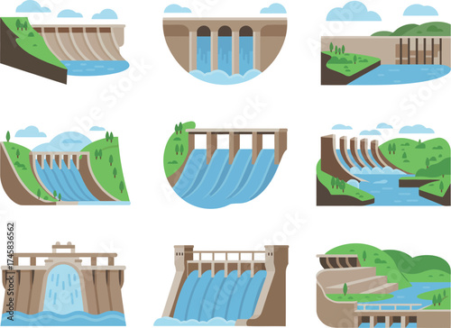 Set of dam isolated on white background, hydroelectric power plant vector