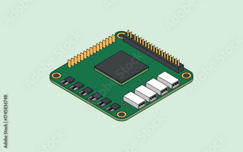 Close-up isometric view of a complex microchip with integrated circuits and pins on a light green surface technology isolated on white background