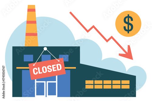 Factory closure economic downturn business failure financial crisis decreasing stock market performance isolated on white background