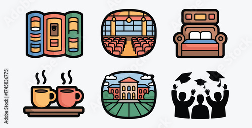 Set of stylized icons related to education and academic life