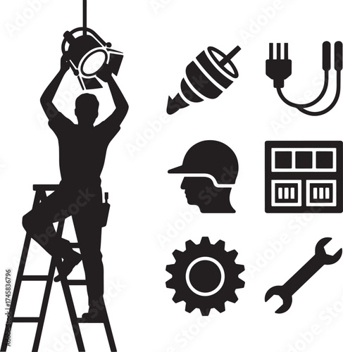 Stage lighting technician silhouette installing spotlight with tools in transparent background