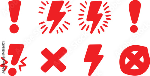 Collection of red warning symbols including exclamation marks lightning bolts and prohibition signs