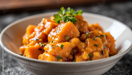 Sweet potato casserole served in bowl with herbs and spices  