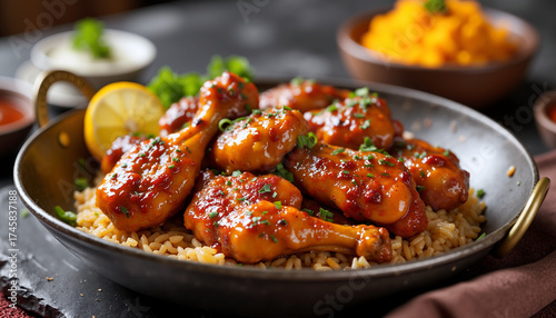 Tandoori chicken served on rice with herbs and lemon wedge  
