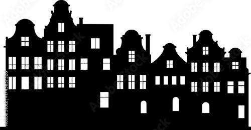 a silhouette of a row of houses, black and white