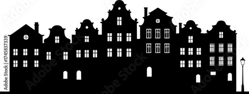 a silhouette of a row of houses, black and white