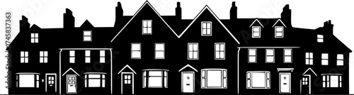 a silhouette of a row of houses, black and white