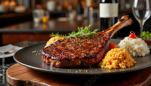 Tomahawk steak served with rice and vegetables on a black plate  