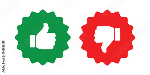 Like and dislike symbols set in green and red circles. Thumbs up and down flat icon set. Rating and feedback Thumbs up and Thumbs down icon set