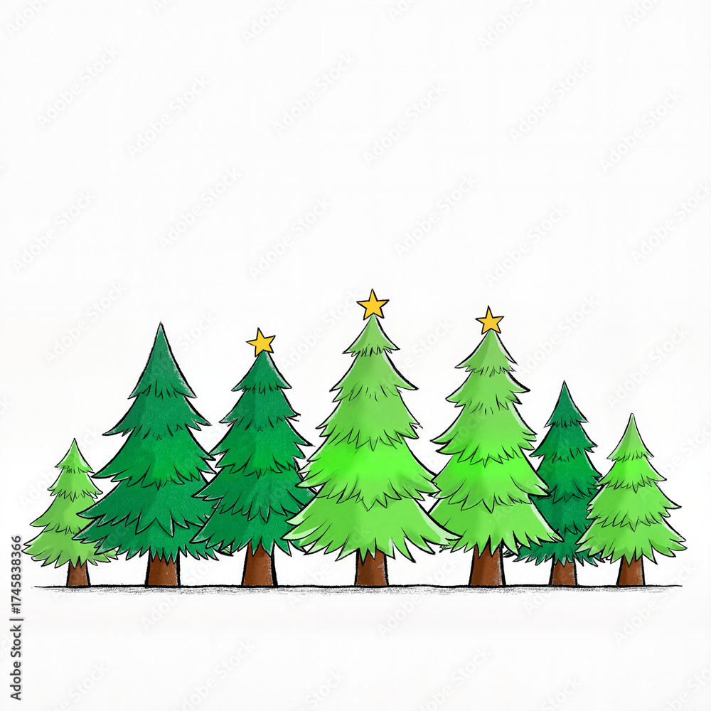 Obraz premium Green Christmas trees with stars, festive celebration, isolated design