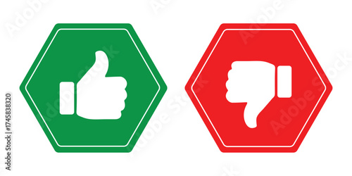 Like and dislike symbols set in green and red circles. Thumbs up and down flat icon set. Rating and feedback Thumbs up and Thumbs down icon set