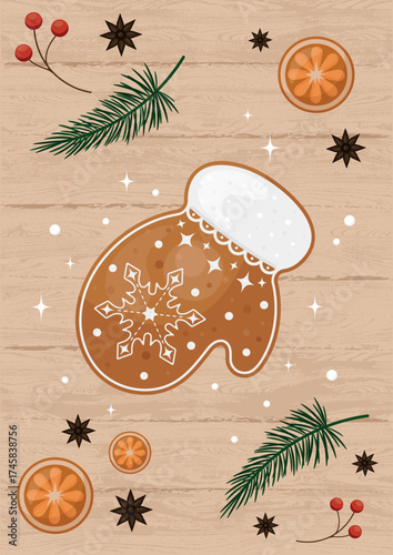 Christmas poster with gingerbread, pine branch, spices and orange  on wooden table background. Christmas mitten cookie. Winter Christmas banner with culinary elements.Vector illustration. 