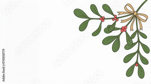 Flat minimalist mistletoe vector — green sprigs, red berries & gold bow