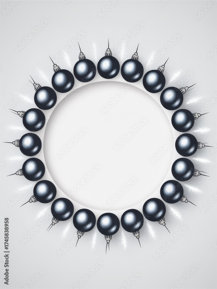 Obraz premium Navy Blue Minimalist Glossy Christmas Bauble Wreath — Silver Caps, Copy Space, Square Holiday Template