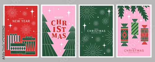 Merry Christmas and Happy New Year Set of greeting cards. Design templates with wishes in minimalist style for posters, holiday covers, backgrounds, sales.