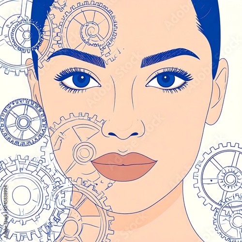 Illustration of a Woman's Face Integrated with Mechanical Gears