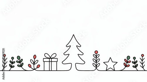 Minimal continuous-line Christmas vector banner with tree & gift — copy space