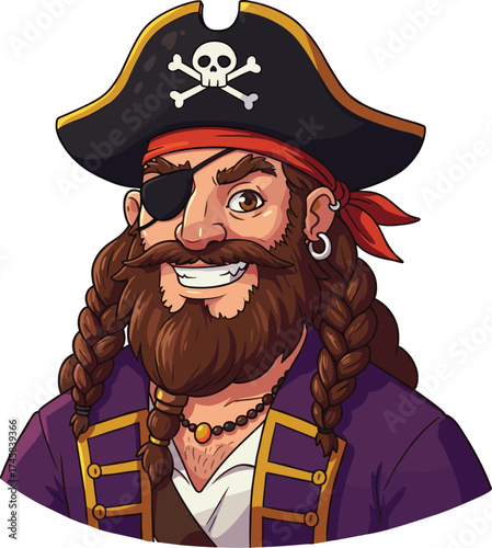 Cartoon pirate character with beard, eye patch, skull hat, red bandana, gold earring, purple coat, confident smile, adventurous expression