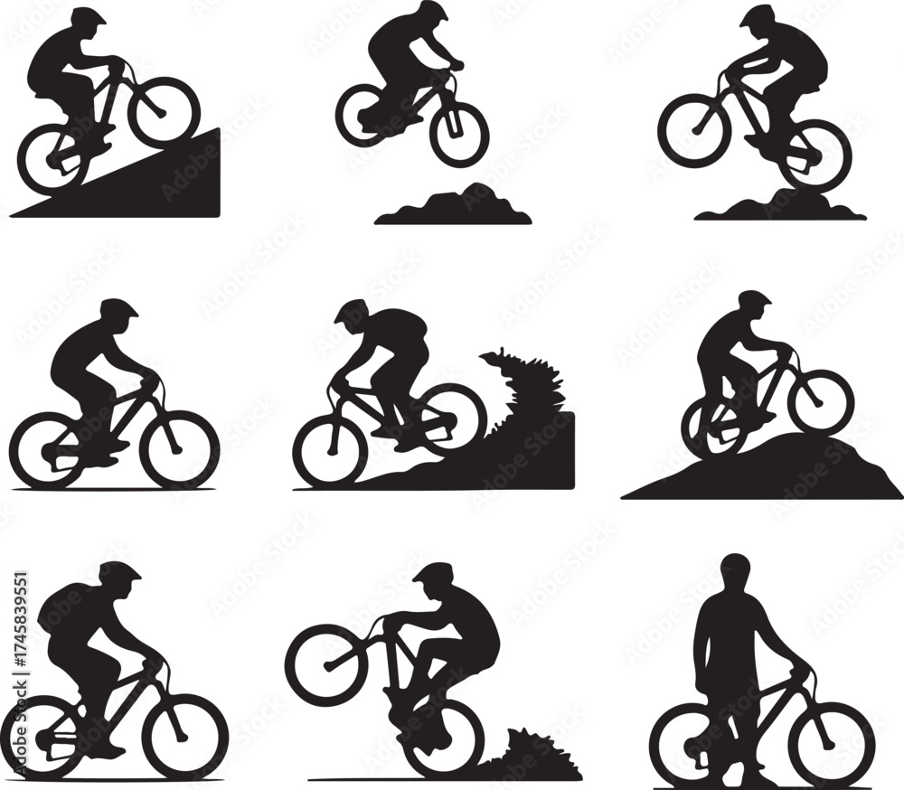 Obraz premium Dynamic mountain biker silhouettes capturing extreme sports action and adventure through various poses and jumps