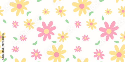 Hand drawn colorful floral vector seamless pattern in pastel pink and yellow color, childish style. Fun spring doodle flower illustration. For textile, fabric, wallpaper design.
