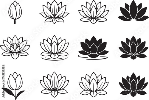 Collection of diverse lotus flower icons symbolizing purity serenity spirituality nature beauty growth and balance art elements